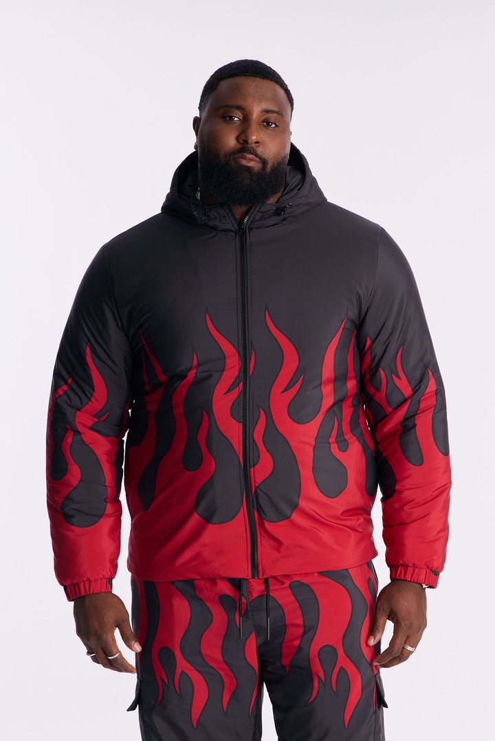 Hooded Chase Flame Puffer Jacket - Red/combo