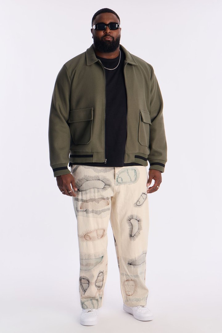 Retro Rib Wool Varsity Jacket - Olive