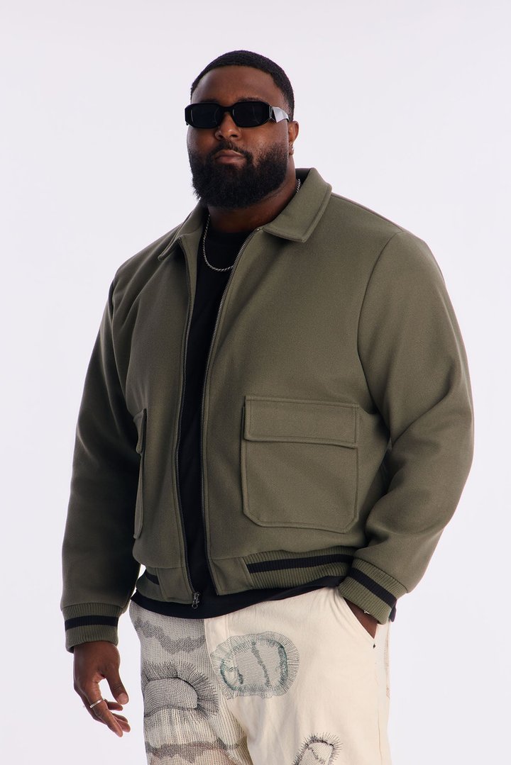 Retro Rib Wool Varsity Jacket - Olive