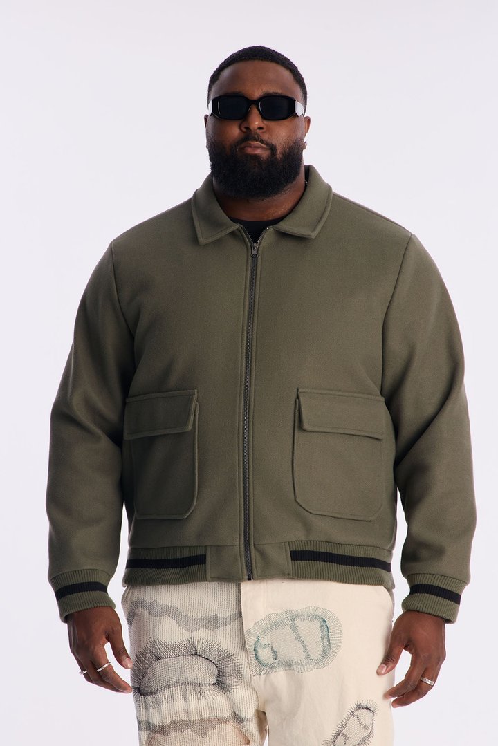 Retro Rib Wool Varsity Jacket - Olive