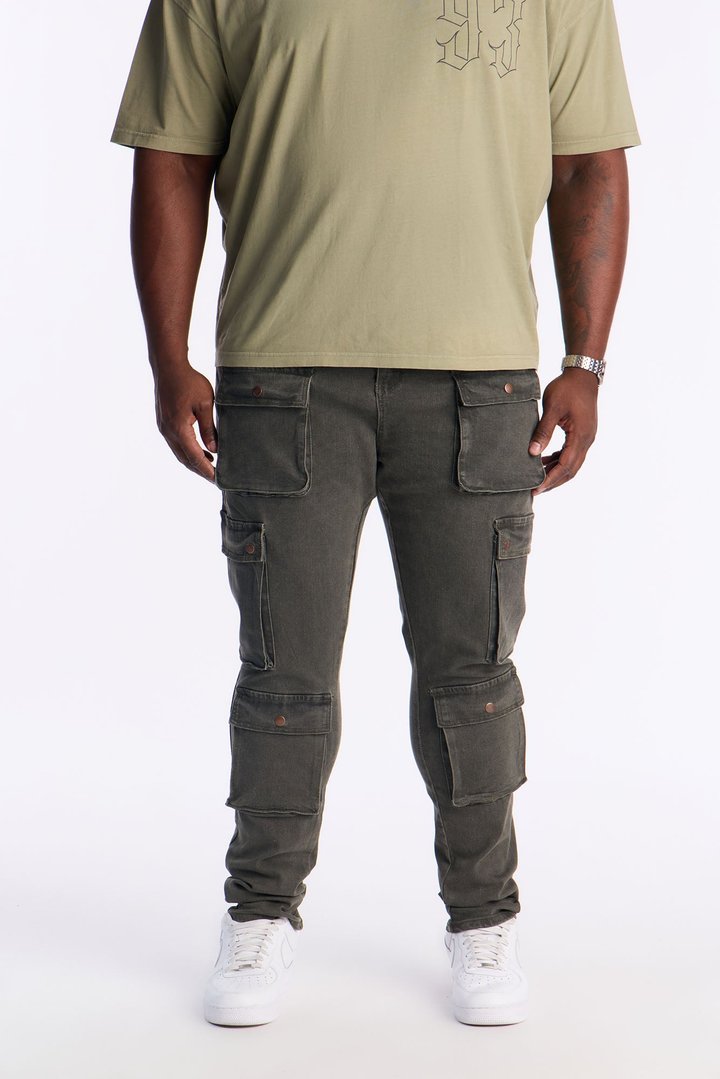 Stacked Skinny Back To Back Cargo Jean - Olive
