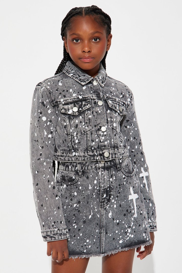 Mini Graffiti Girl Denim Skirt Set - Grey