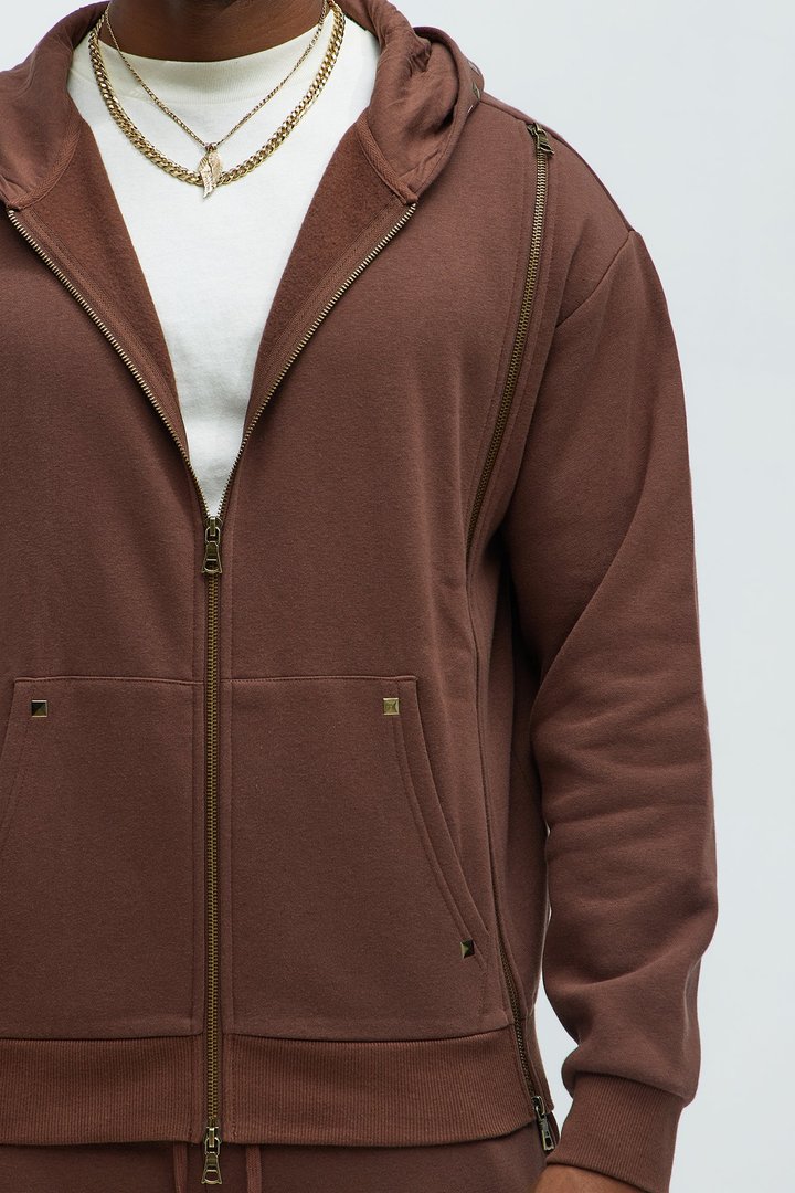 Tayson Sleaze Studded Zip Up Hoodie - Brown