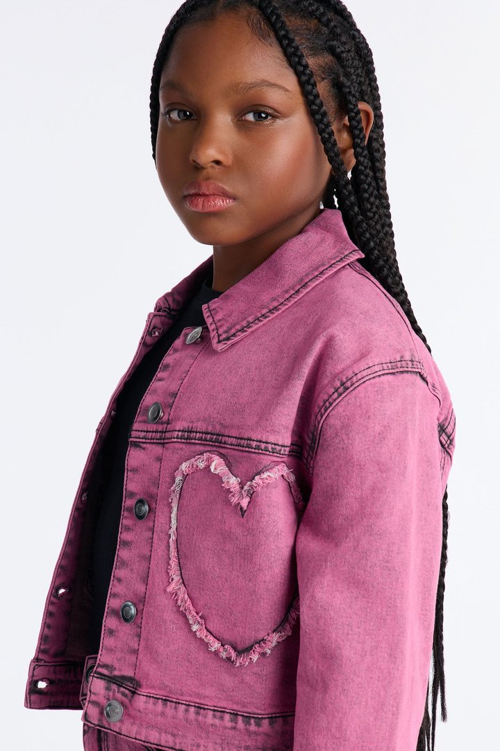Mini Don't Play With My Heart Cropped Denim Jacket - Hot Pink