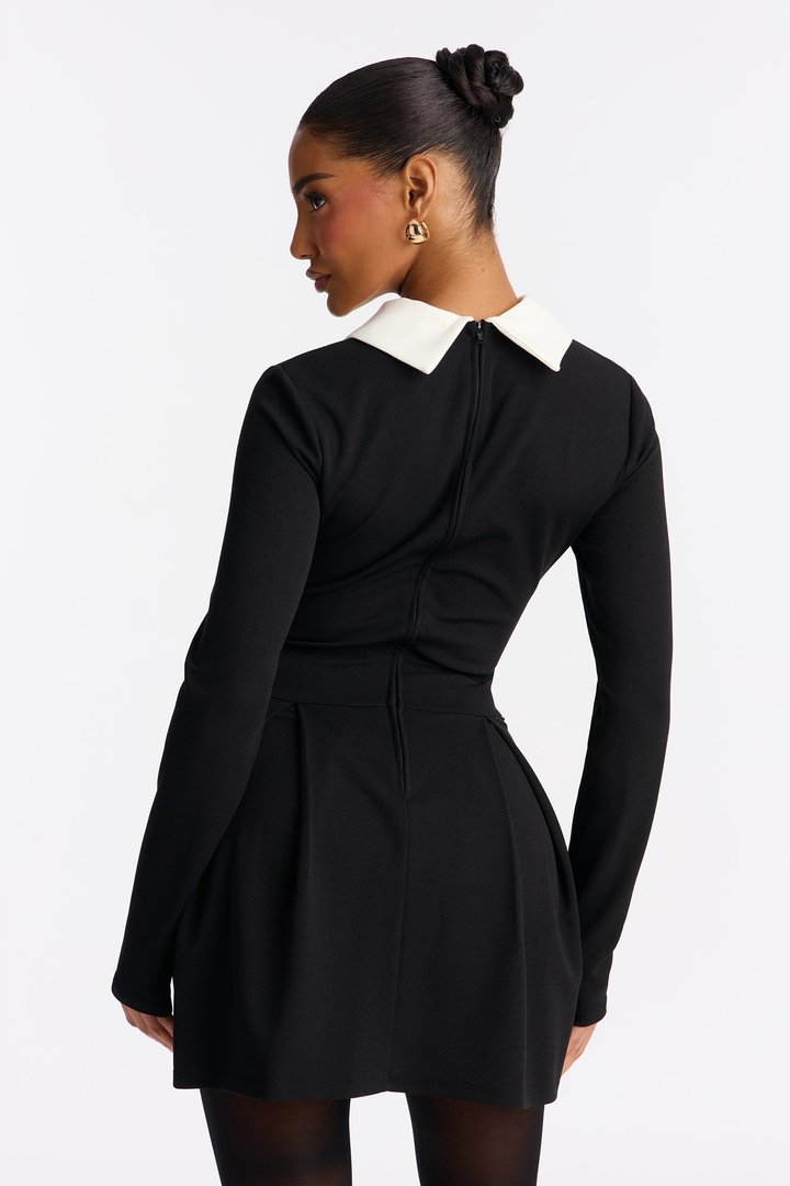 Giavanna Long Sleeve Pleated Mini Dress - Black/White