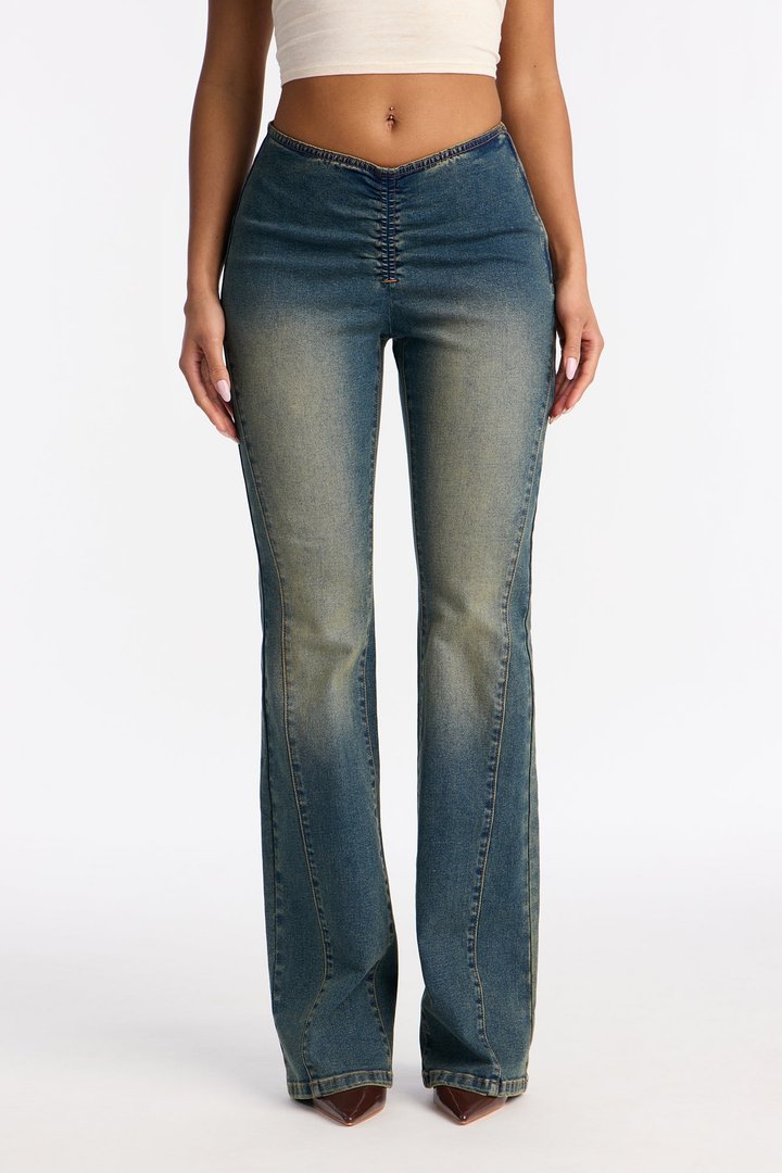 Show Off Dipped Waist Bootcut Jeans - Vintage Wash