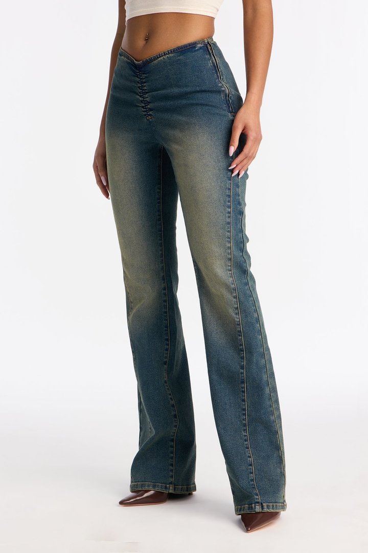 Show Off Dipped Waist Bootcut Jeans - Vintage Wash