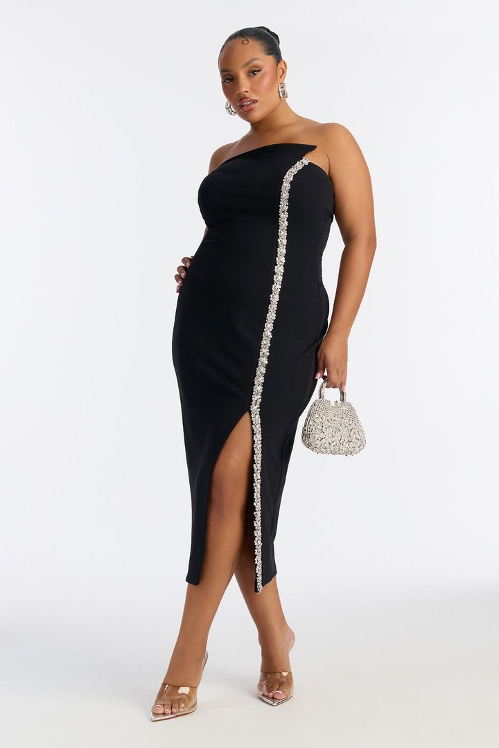 Naomi Asymmetrical Rhinestone Midi Dress - Black