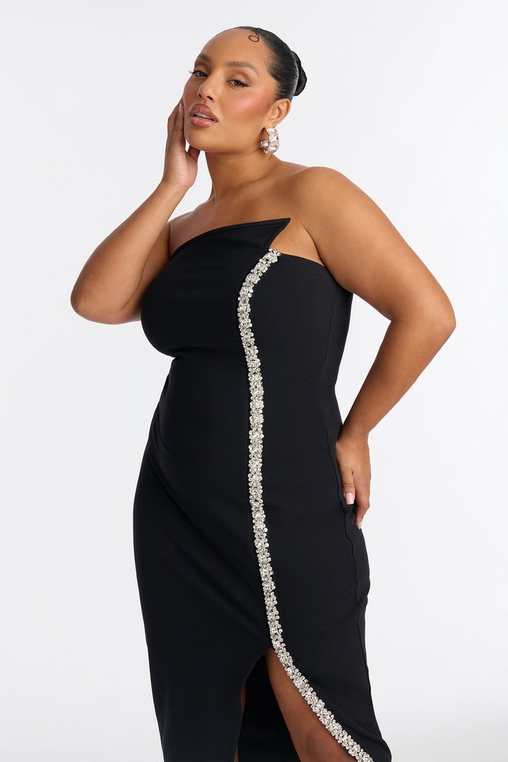 Naomi Asymmetrical Rhinestone Midi Dress - Black