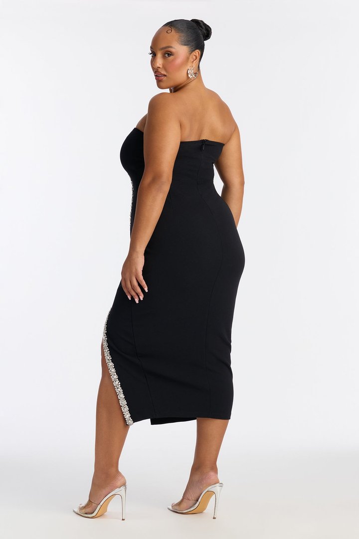 Naomi Asymmetrical Rhinestone Midi Dress - Black