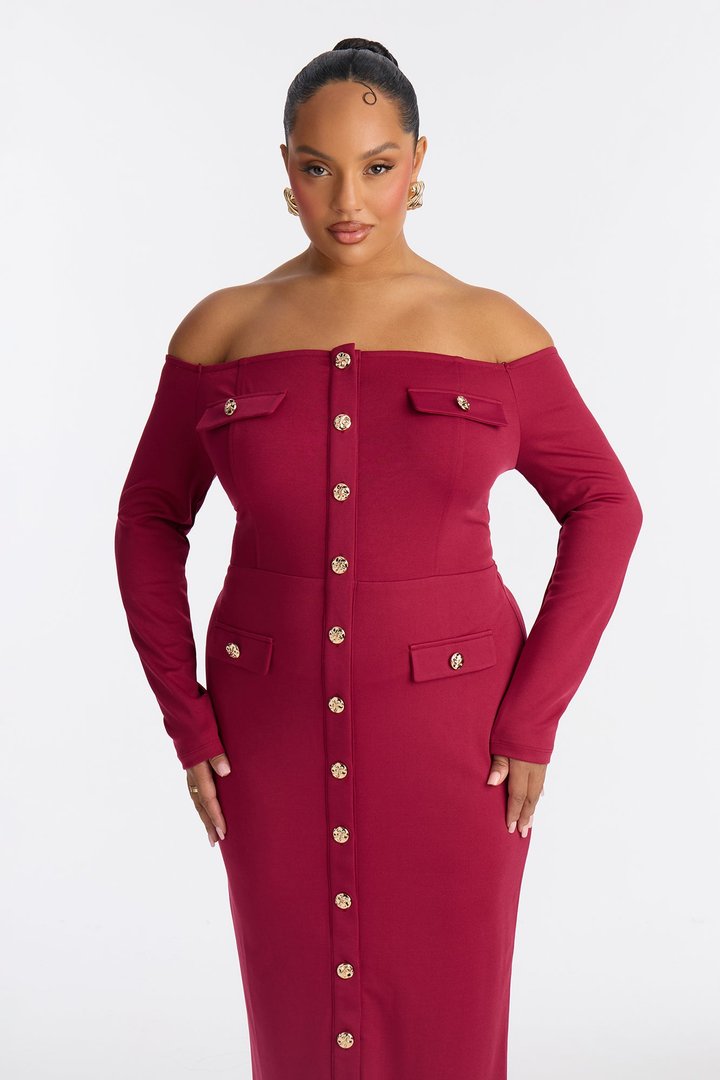 Goldie Off Shoulder Midi Dress - Wine