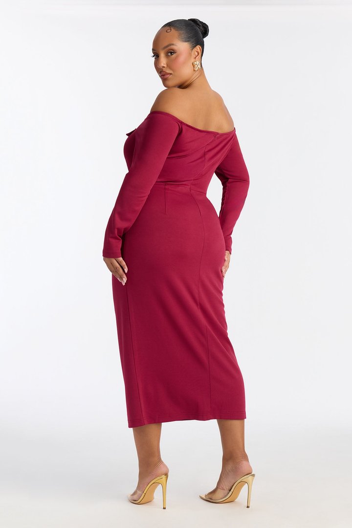 Goldie Off Shoulder Midi Dress - Wine