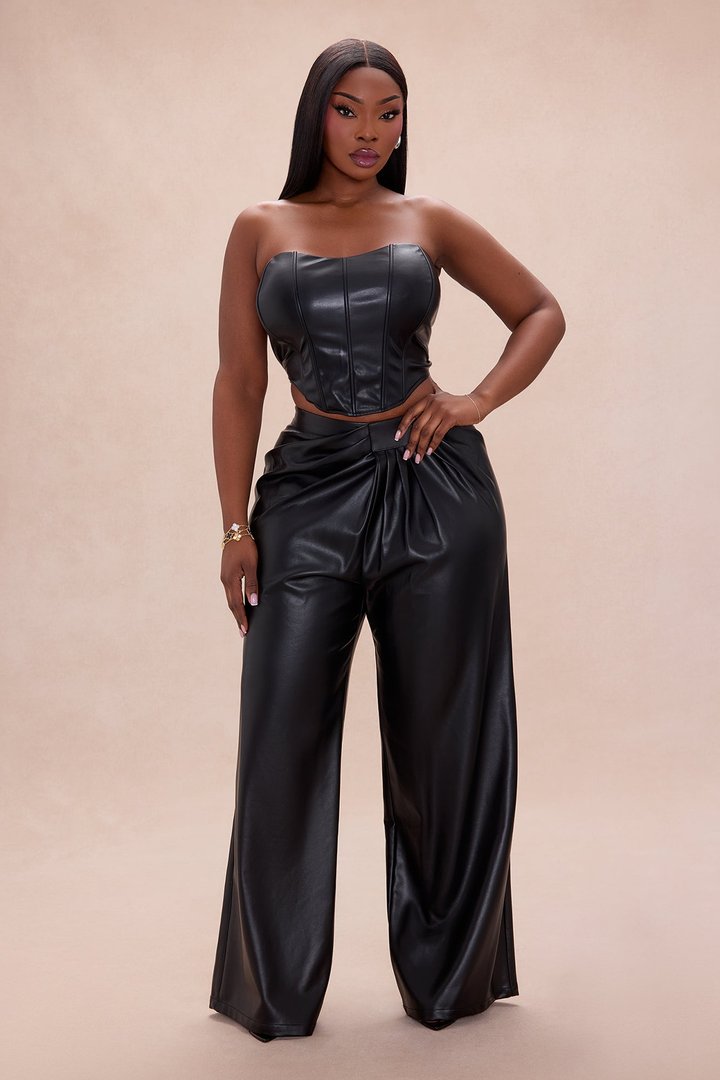Kara Pleated Faux Leather Pants - Black