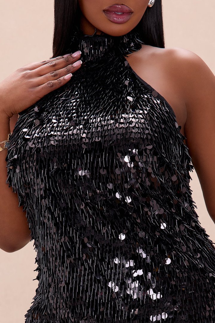Mariella Mock Neck Sequin Midi Dress - Black