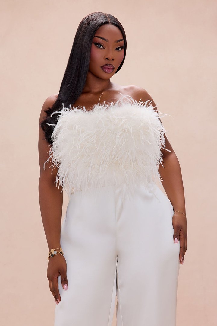 Champagne Glow Feathered Pant Set - Champagne