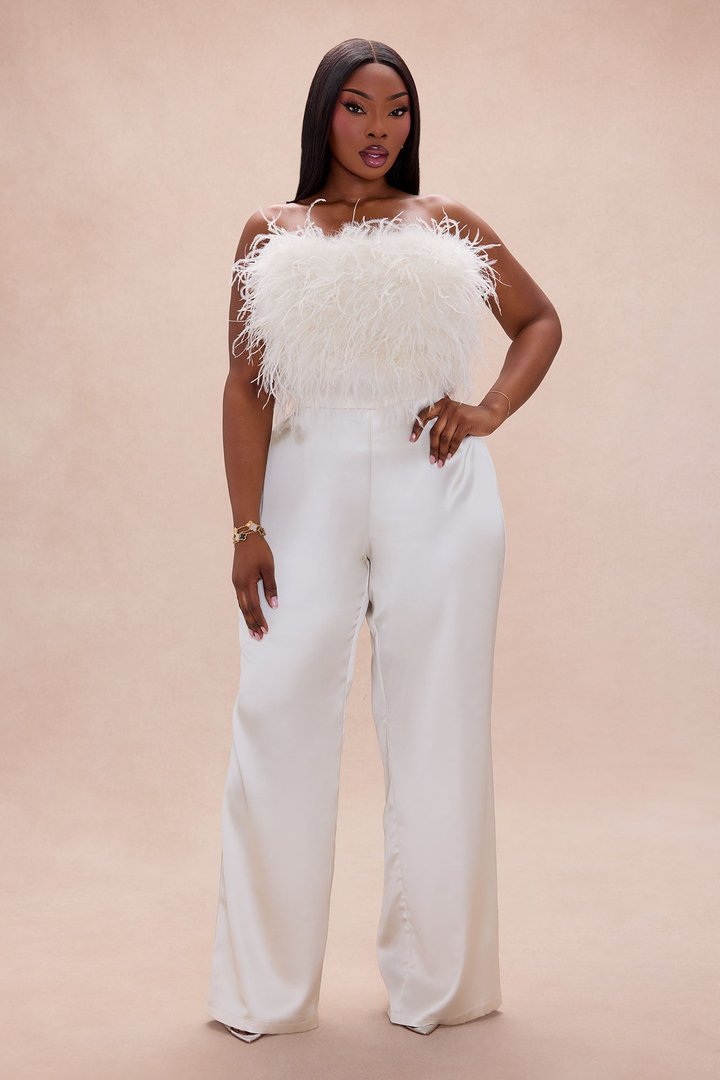 Champagne Glow Feathered Pant Set - Champagne