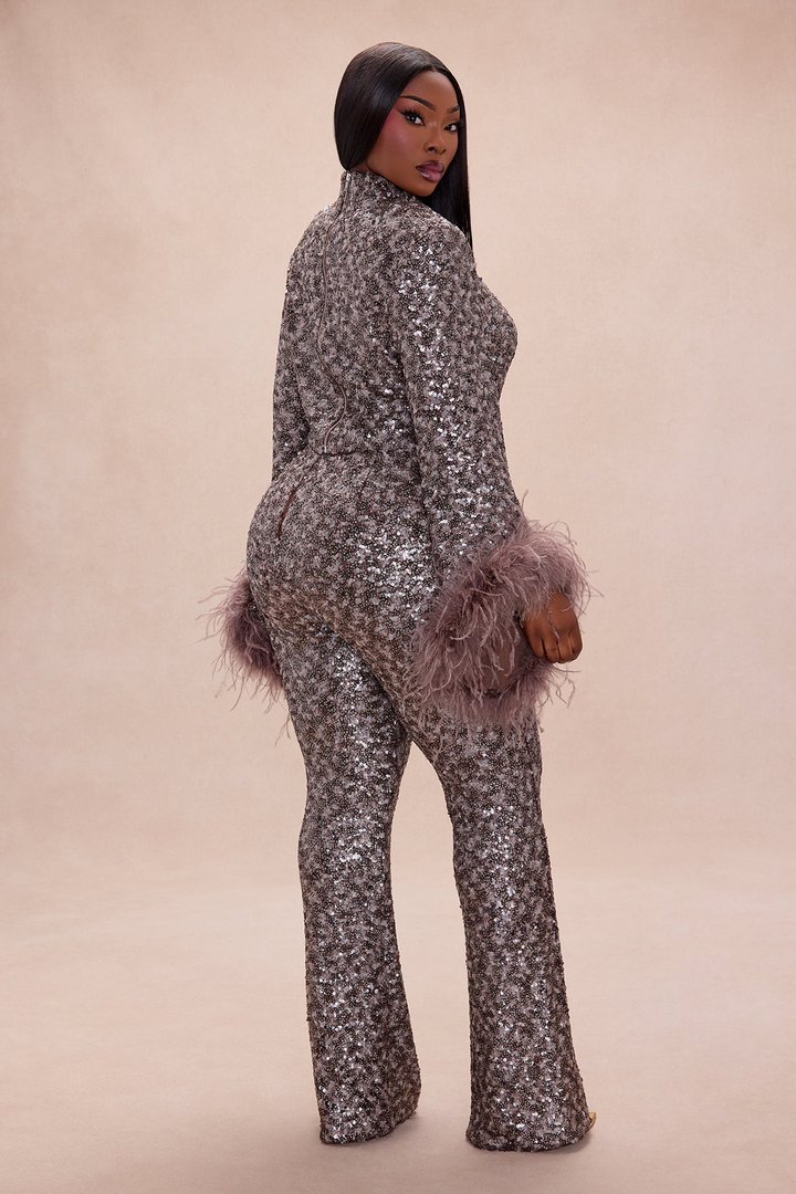 Opal Dreams Feathered Sequin Pant Set - Chocolate