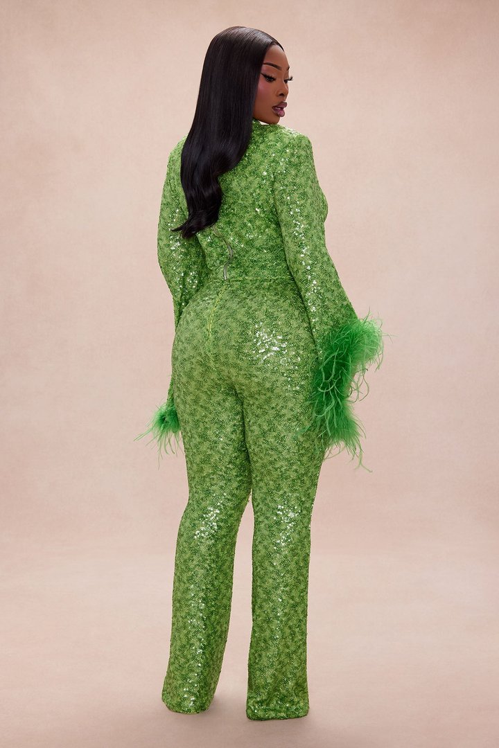 Opal Dreams Feathered Sequin Pant Set - Green