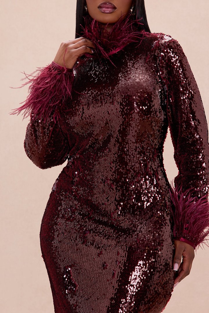 Robyn Sequin Feathered Maxi Dress - Burgundy