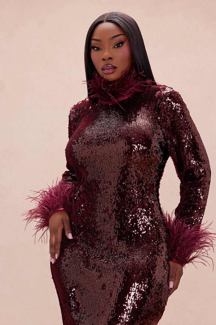 Robyn Sequin Feathered Maxi Dress - Burgundy