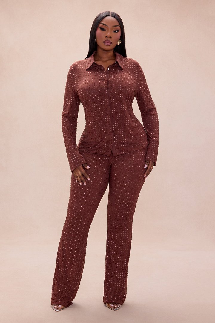 Gabrielle Rhinestone Mesh Pant Set - Chocolate