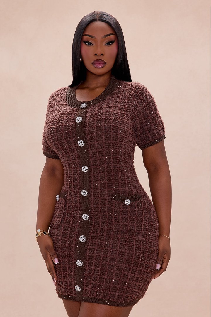 As If A Line Embellished Tweed Mini Dress - Chocolate