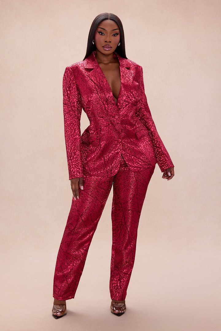 Blaire Jacquard Blazer Pant Set - Burgundy/combo