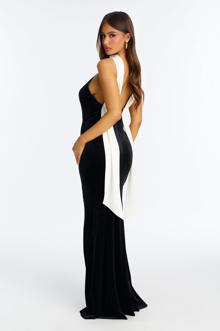Feeling Formal Backless Velvet Gown - Black/White