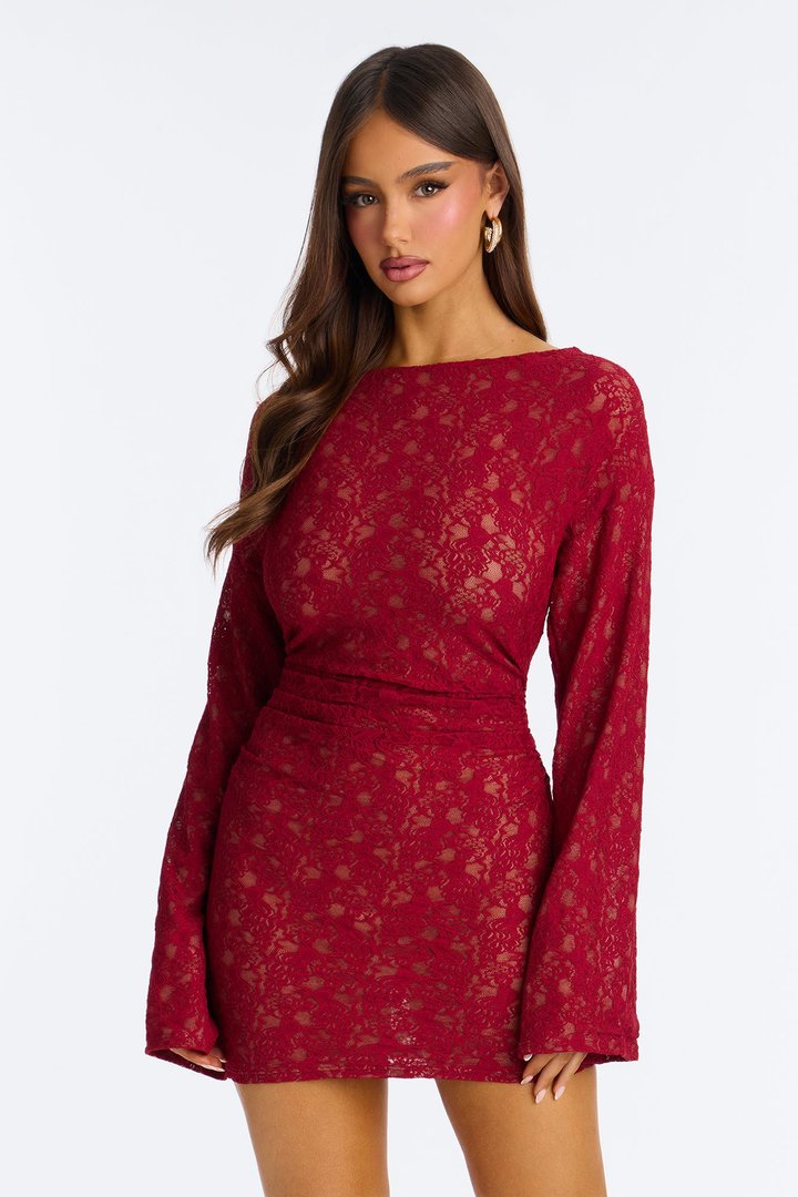 Sophia Cowl Back Lace Mini Dress - Red