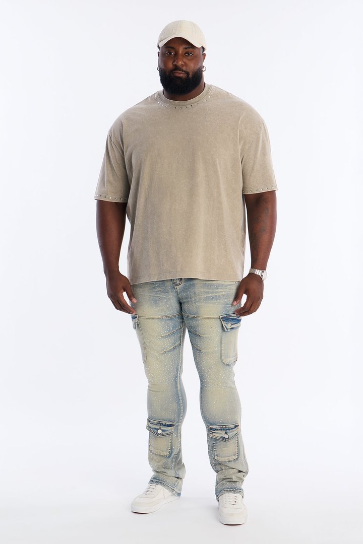 Stacked Skinny Flare Speckled Jeweled Cargo Jean - Medium Wash