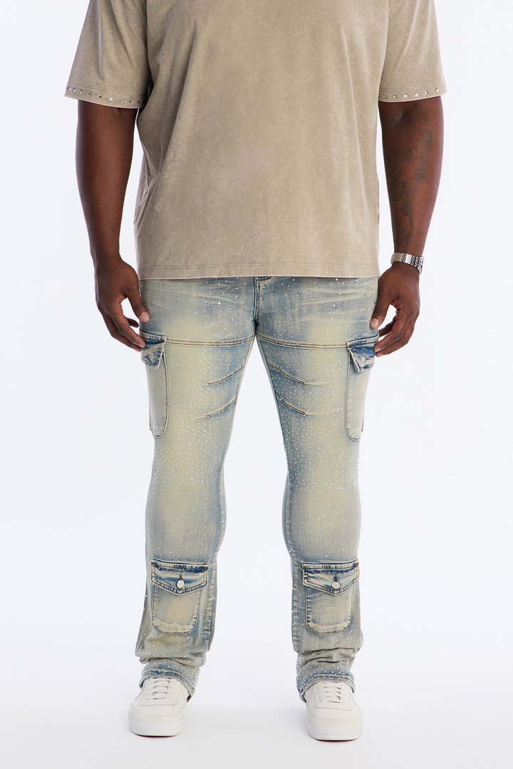 Stacked Skinny Flare Speckled Jeweled Cargo Jean - Medium Wash