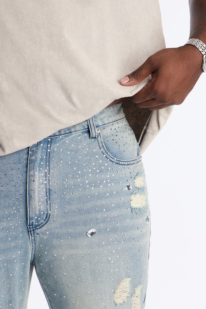 Stacked Skinny Flare Walk Me Through Jeweled Distressed Jean - Medium Blue Wash