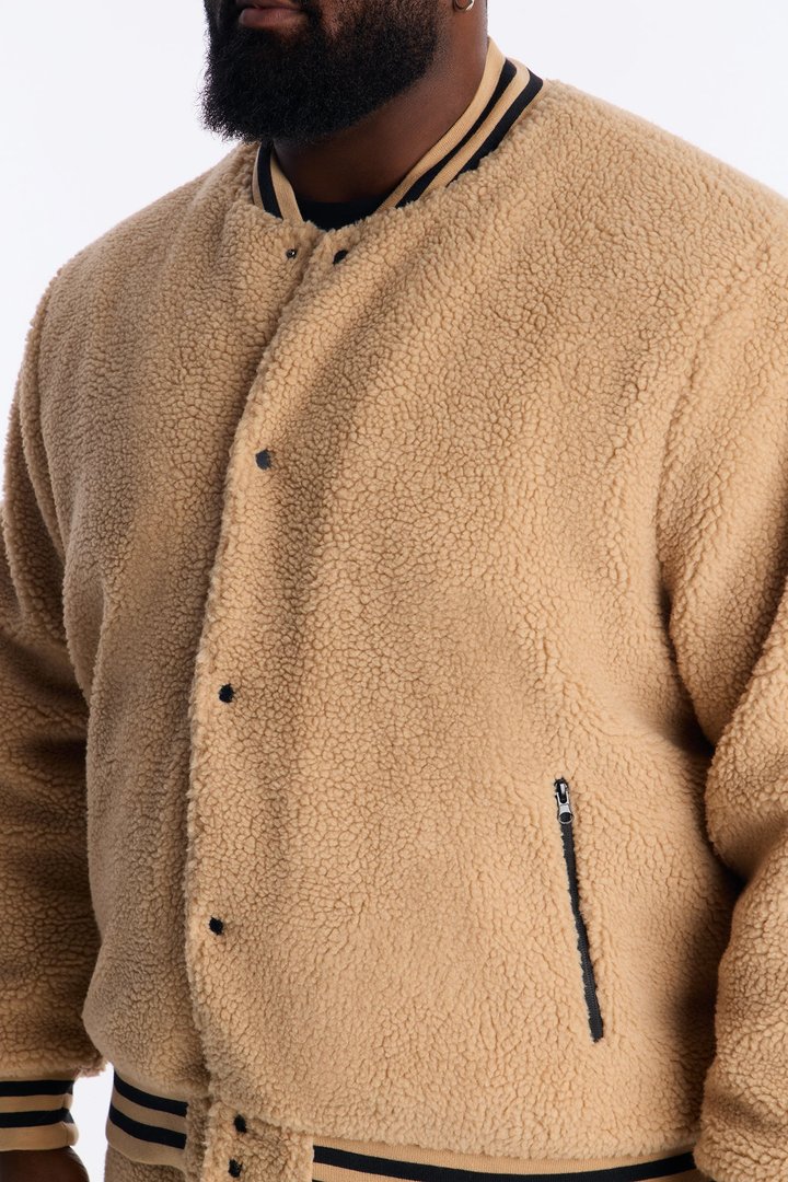 Teddy Varsity Sherpa Jacket - Taupe