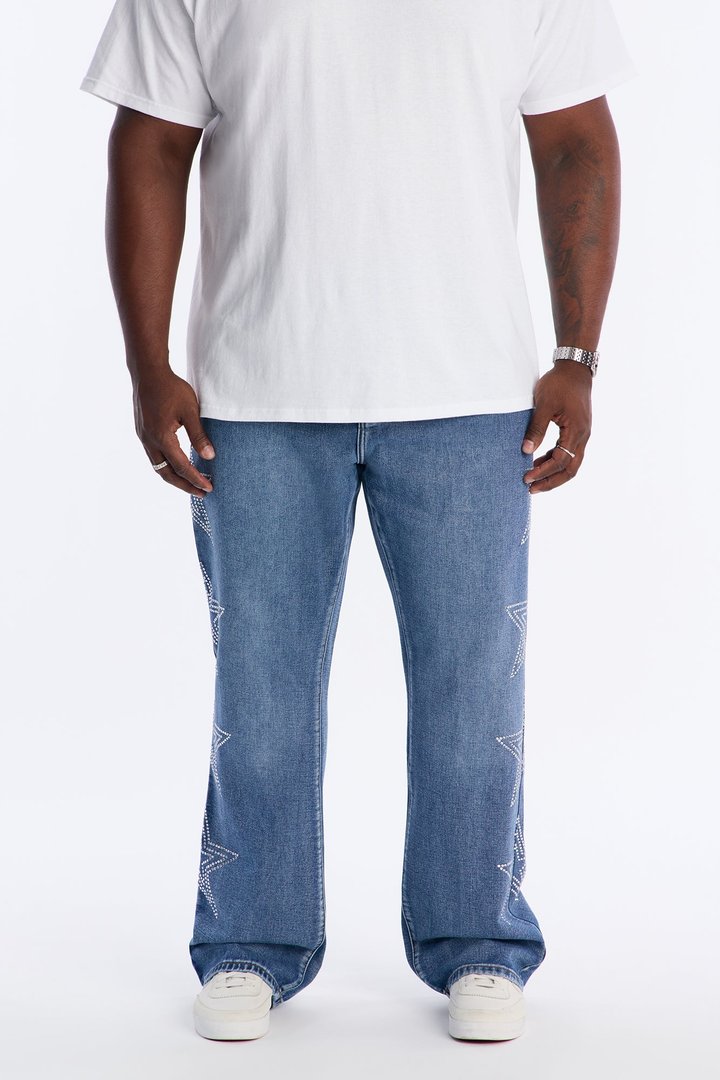 Stacked Slim Flare Stars Within Star Jeweled Jean - Medium Wash