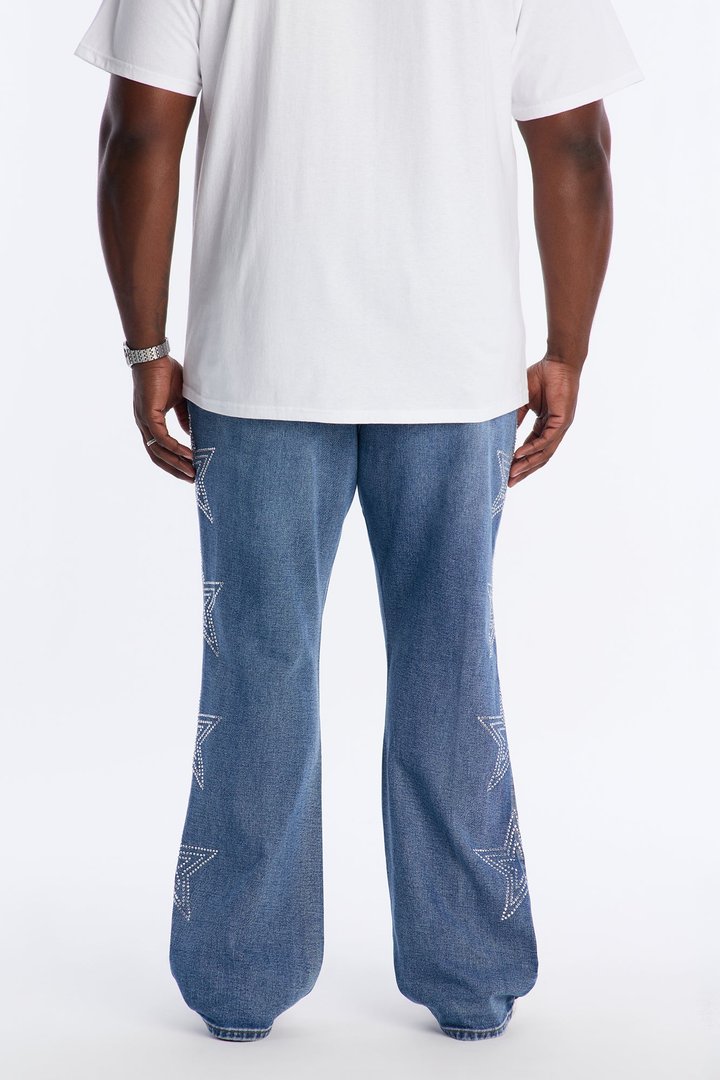 Stacked Slim Flare Stars Within Star Jeweled Jean - Medium Wash
