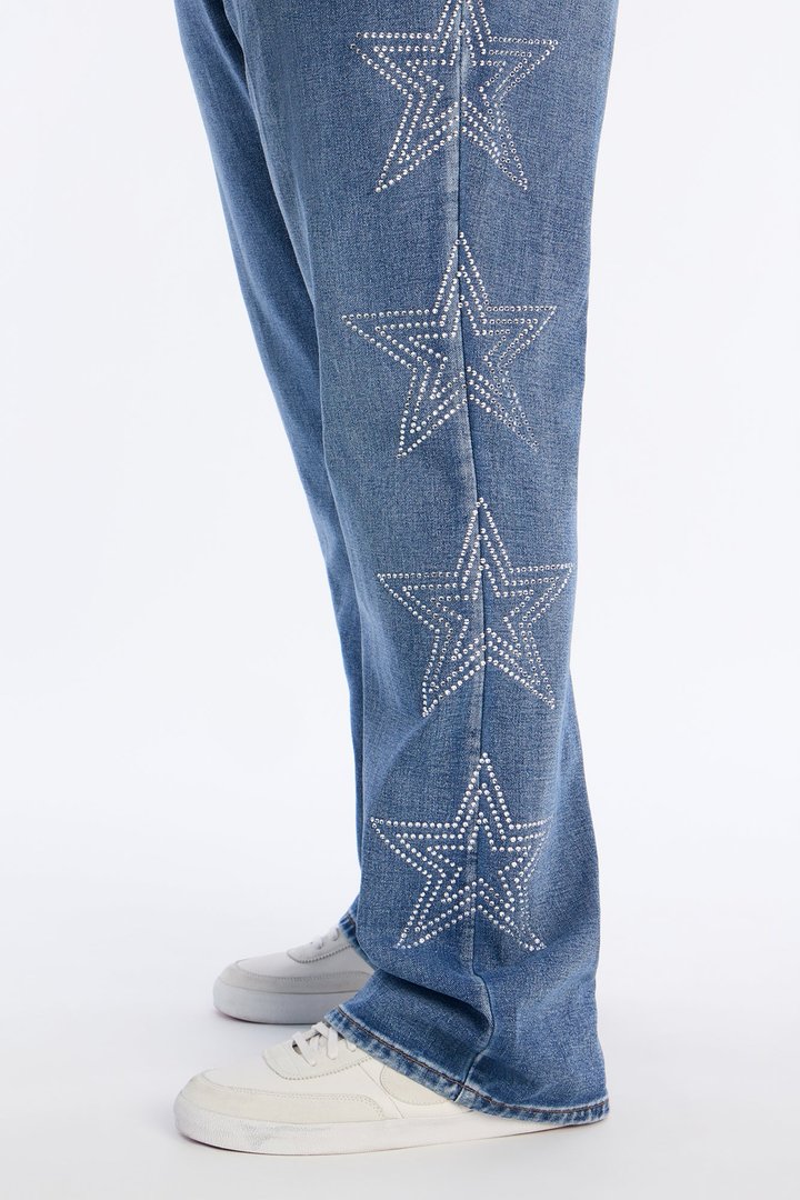 Stacked Slim Flare Stars Within Star Jeweled Jean - Medium Wash
