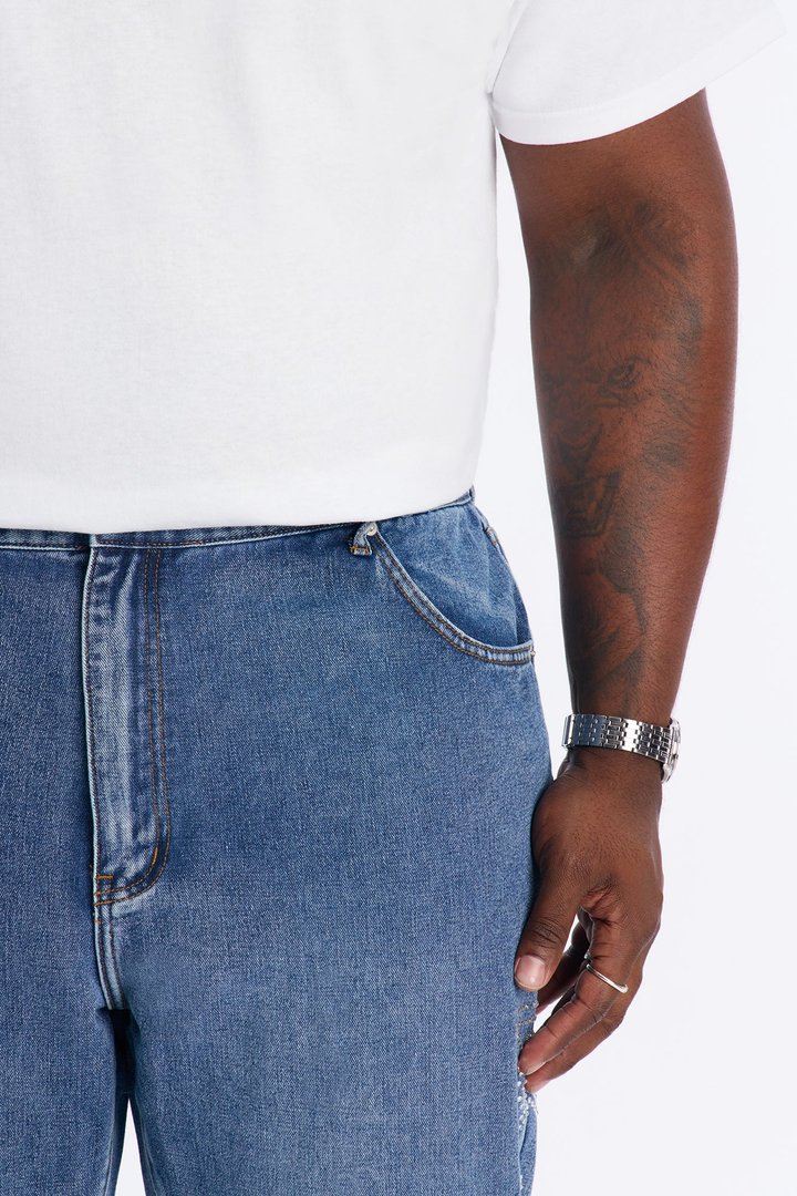 Stacked Slim Flare Stars Within Star Jeweled Jean - Medium Wash