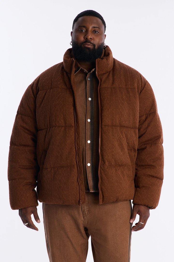 Textured Cable Knit Cabin Puffer Jacket - Brown
