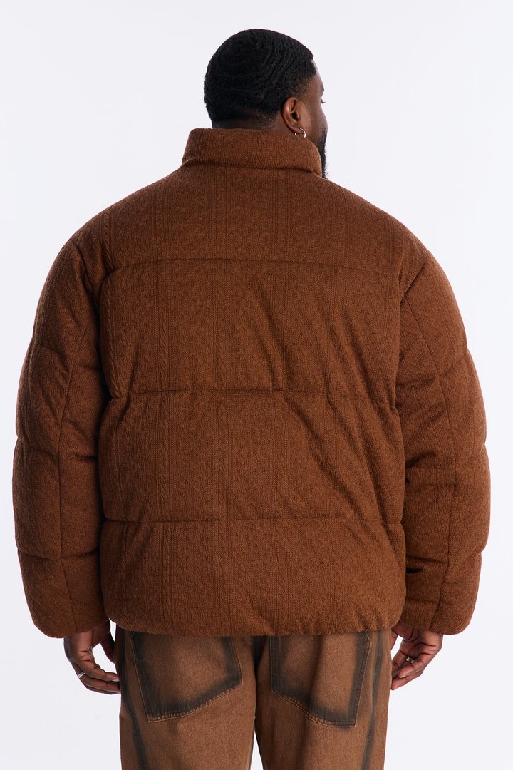Textured Cable Knit Cabin Puffer Jacket - Brown