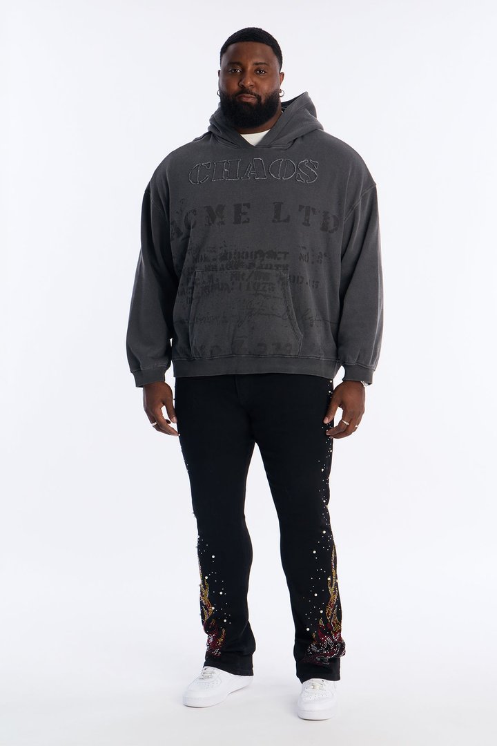 Stacked Skinny Flare Flamed Rose Jeweled Jean - Black