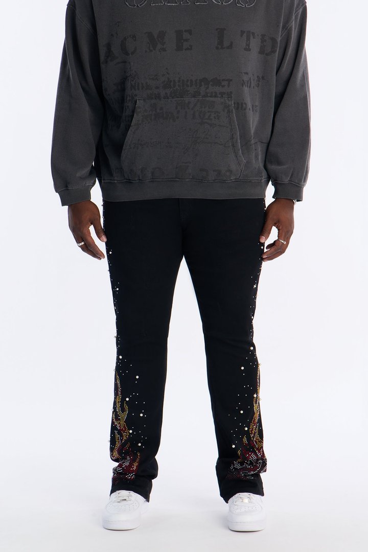 Stacked Skinny Flare Flamed Rose Jeweled Jean - Black