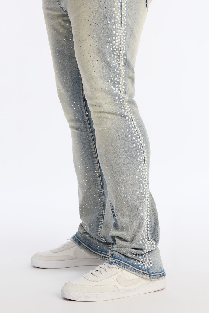 Stacked Skinny Flare Fancy Me Pearls With Jewel Jean - Medium Wash