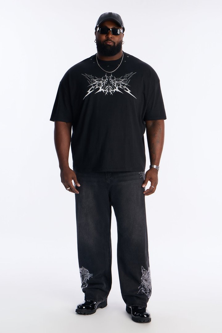 Baggy Tiger Rhinestone Jean - Black Wash