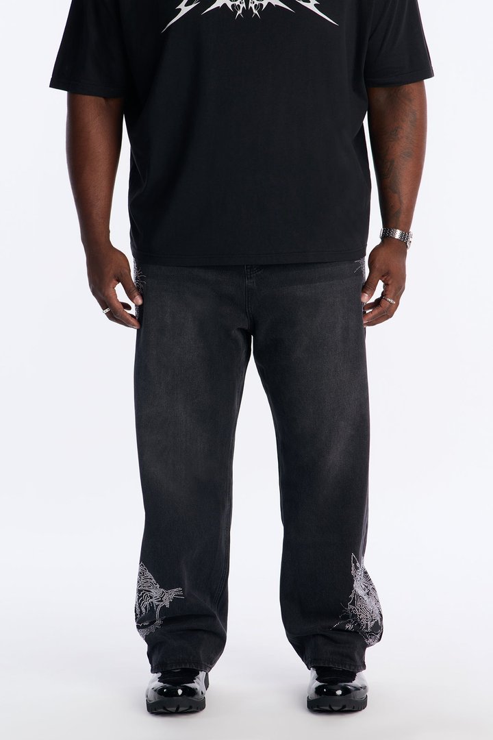 Baggy Tiger Rhinestone Jean - Black Wash