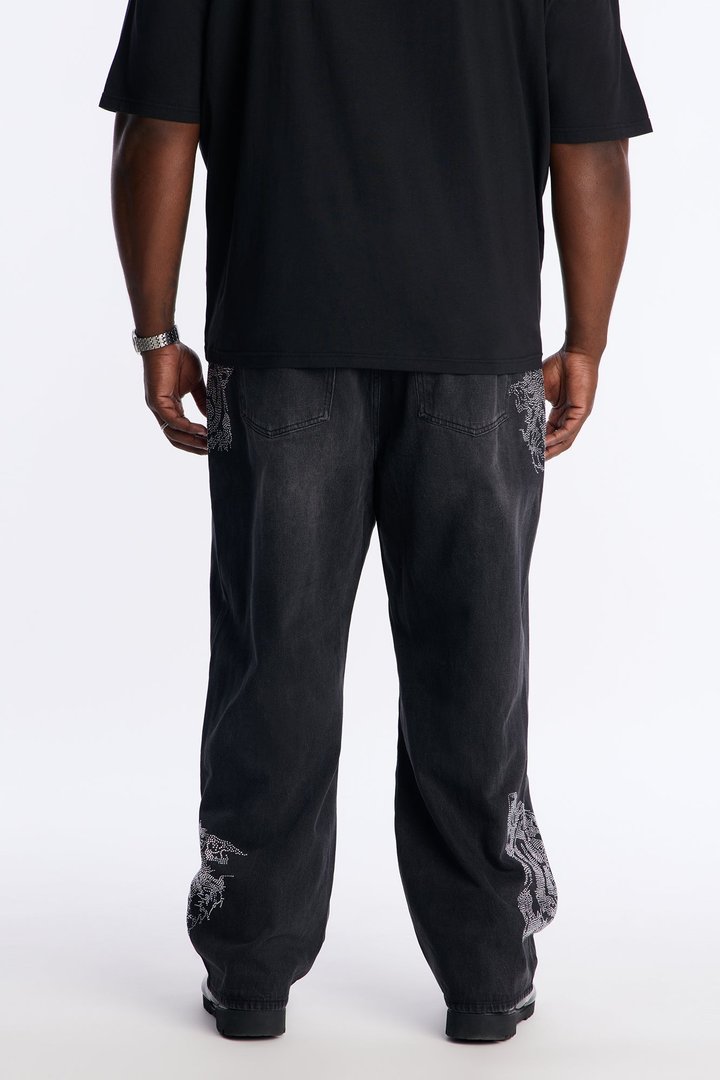 Baggy Tiger Rhinestone Jean - Black Wash
