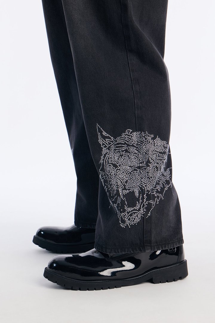 Baggy Tiger Rhinestone Jean - Black Wash