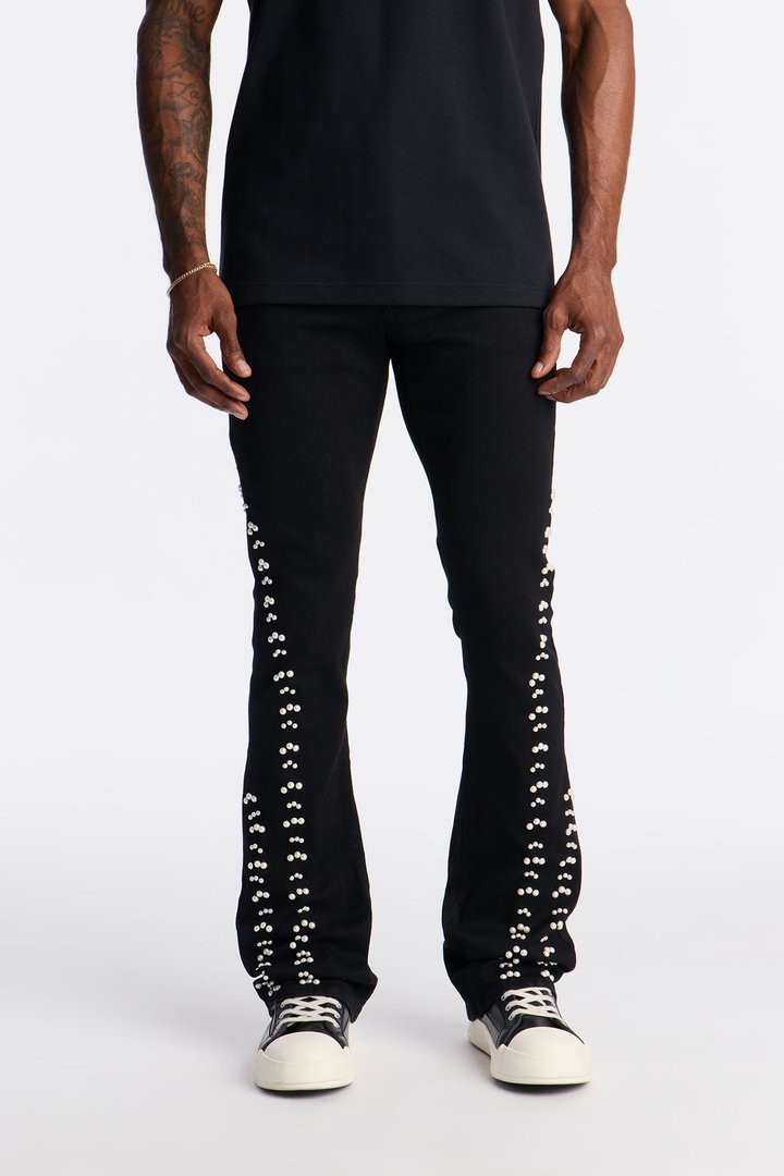 Stacked Skinny Flare Hit Me With Them Pearls Jean - Black