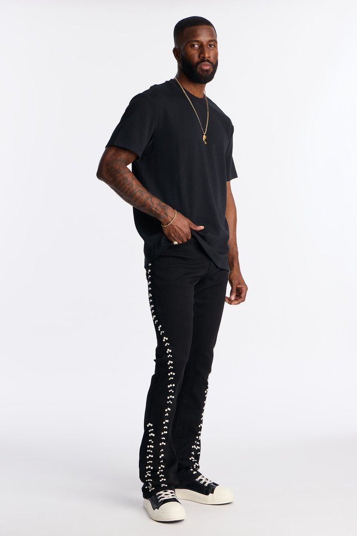 Stacked Skinny Flare Hit Me With Them Pearls Jean - Black