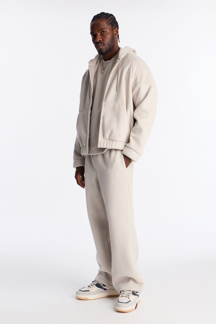 Fuzzy Textured Premium Zip Up Hoodie - Stone