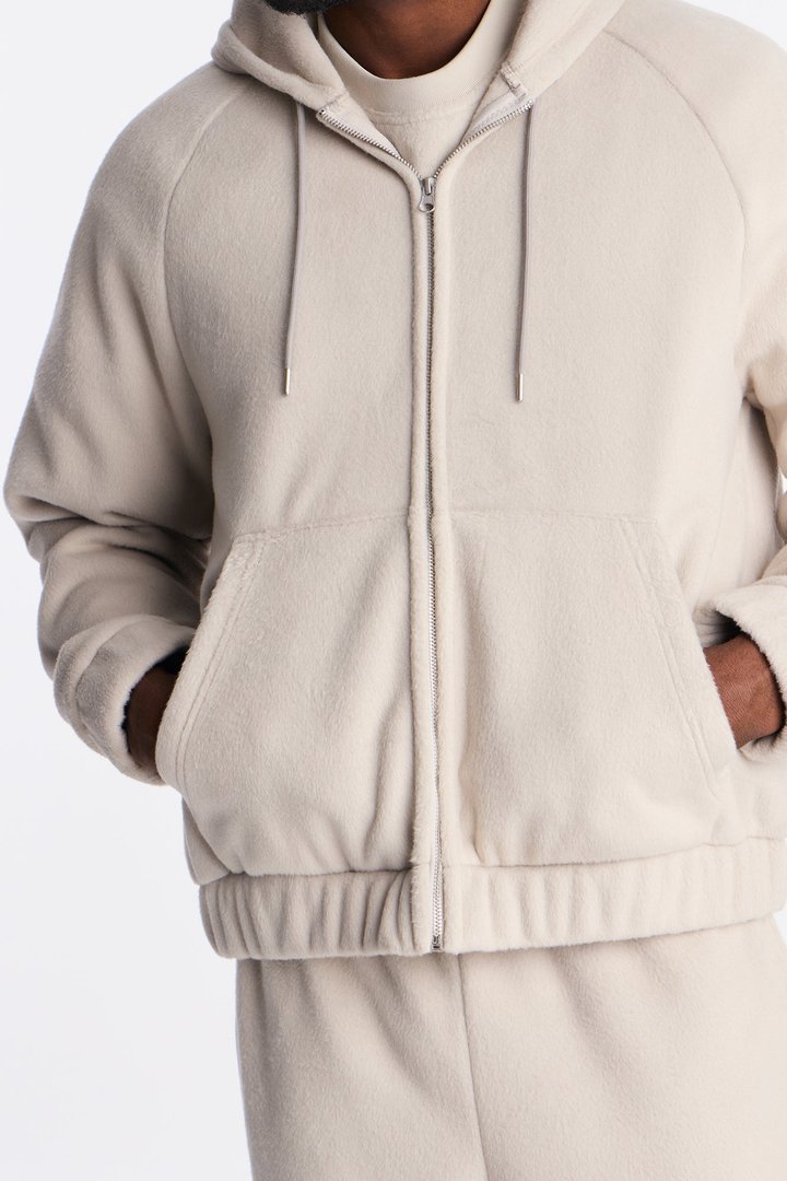 Fuzzy Textured Premium Zip Up Hoodie - Stone